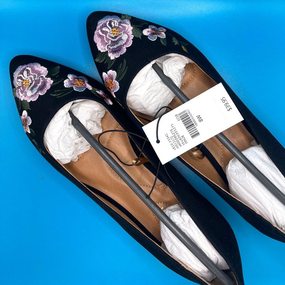 Black Floral Flats - Purple Gold Flower Size 8